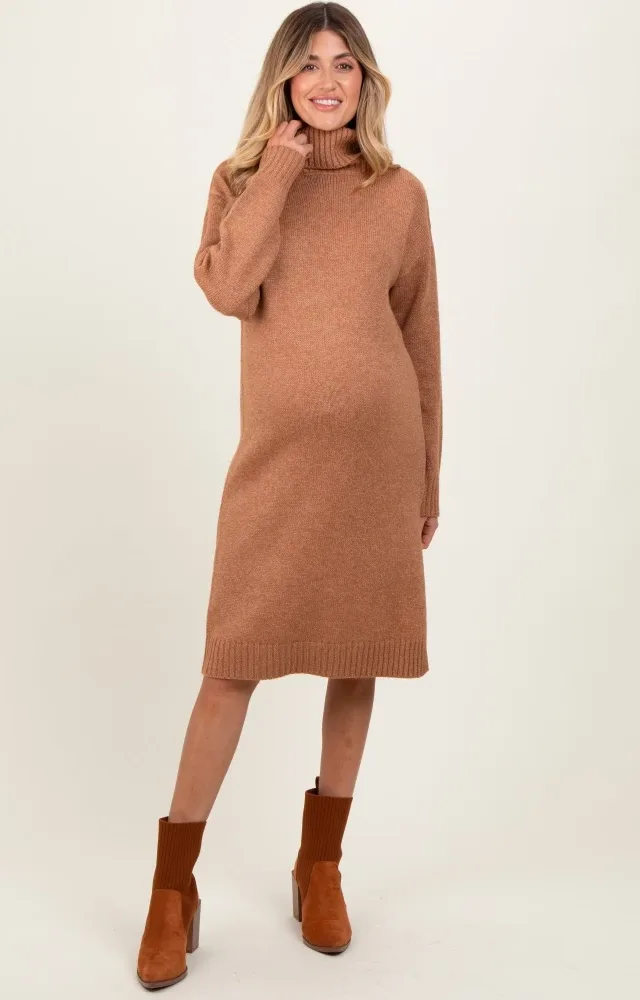 Camel Turtleneck Side Slit Maternity Midi Sweater Dress