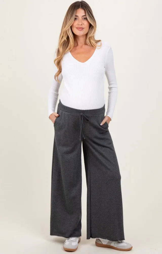 Charcoal French Terry Raw Edge Maternity Wide Leg Pants