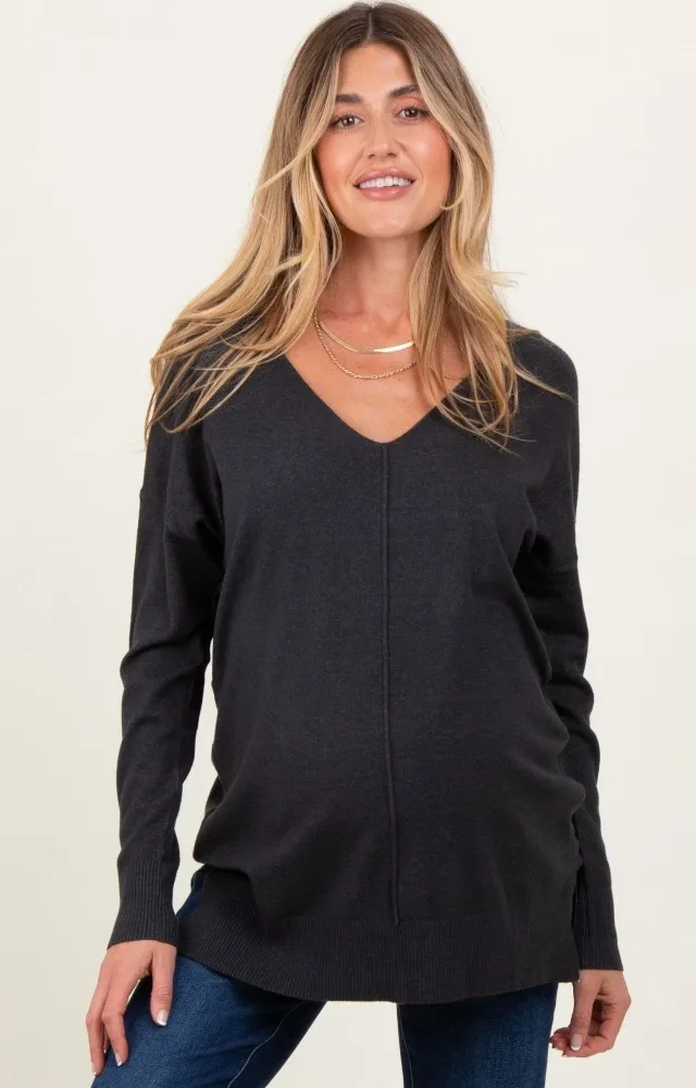 Charcoal Front Seam V-Neck Side Slit Maternity Sweater