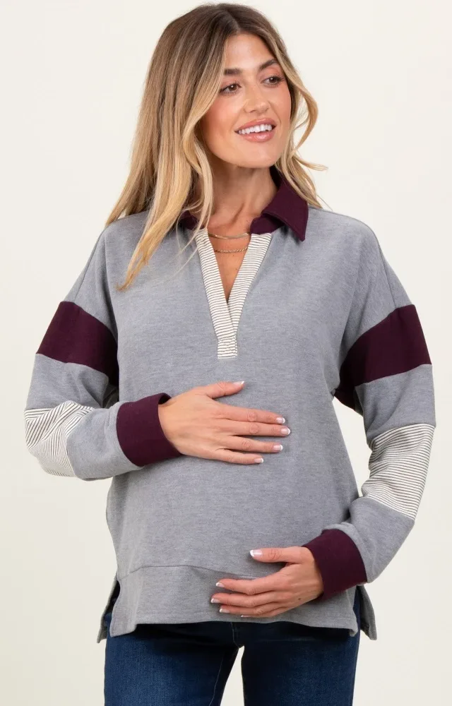 Charcoal Grey Colorblock Stripe Collared Maternity Pullover