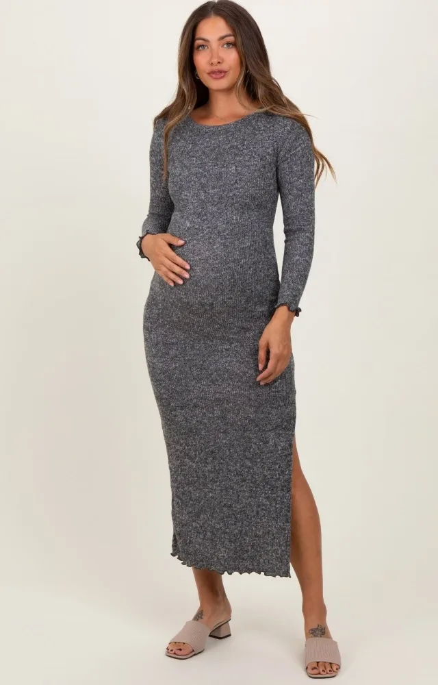 Charcoal Knit Side Slit Lettuce Trim Maternity Maxi Dress