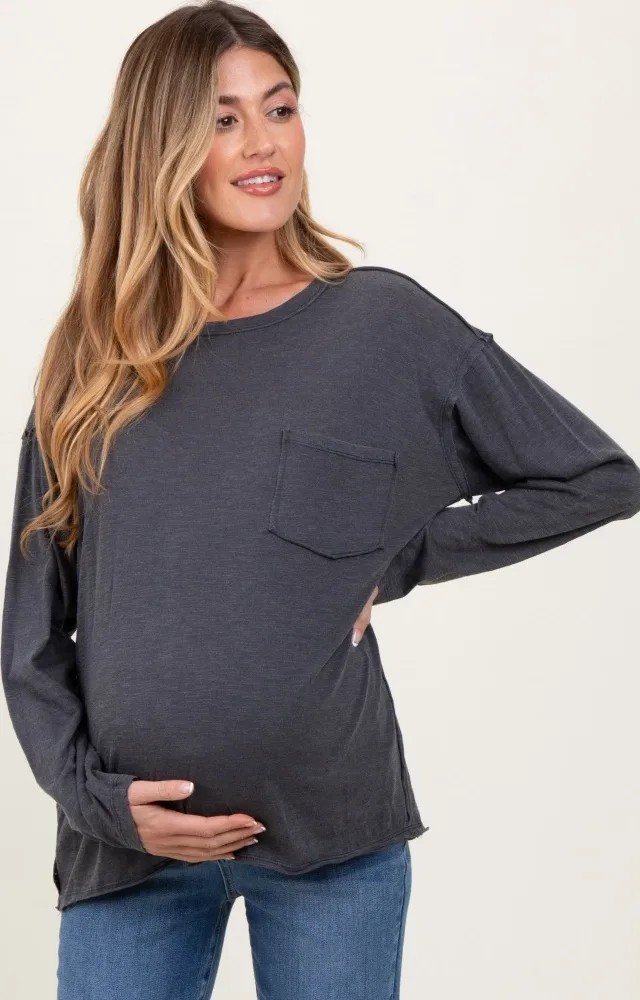 Charcoal Mineral Wash Front Pocket Long Sleeve Maternity Top