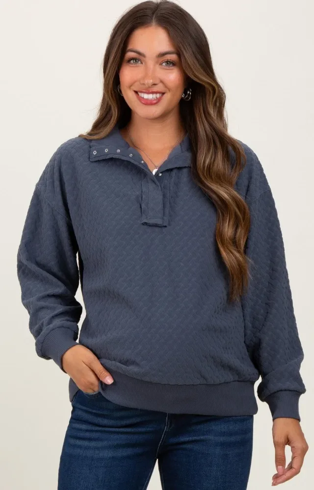 Charcoal Quilted Knit Snap Collar Maternity Pullover Top