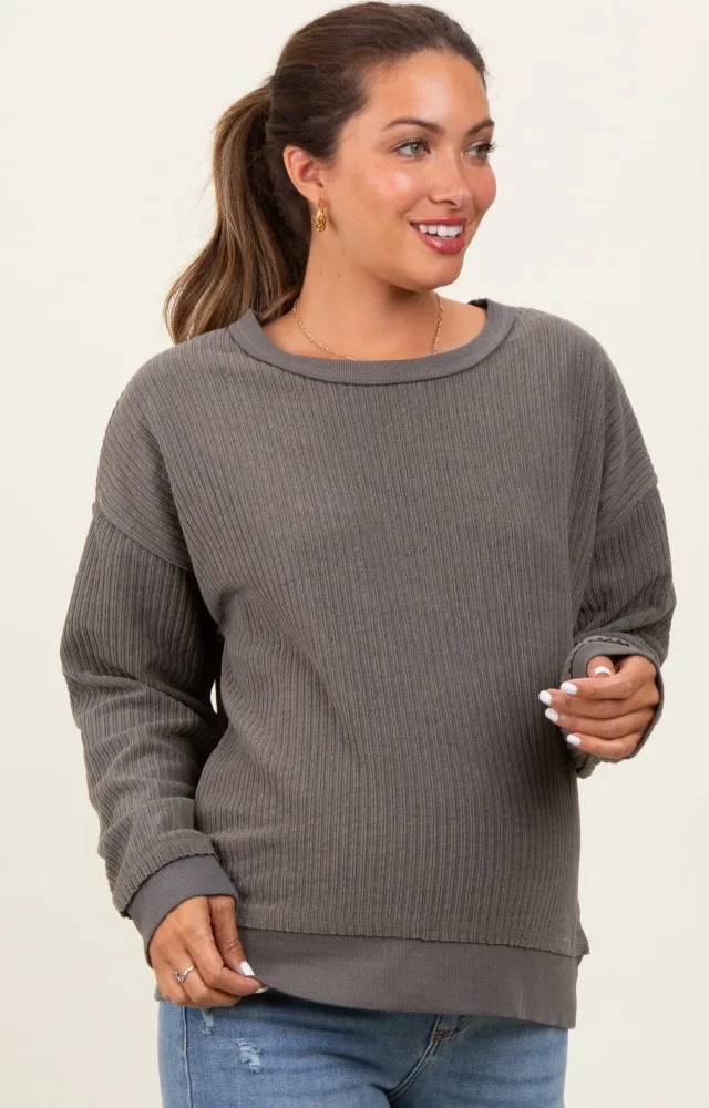 Charcoal Ribbed Brushed Knit Maternity Pullover Top