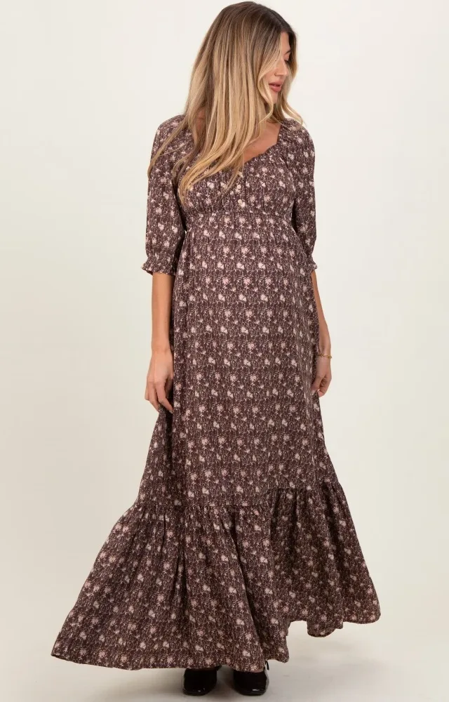 Chestnut Floral Sweetheart Neckline Maternity Maxi Dress