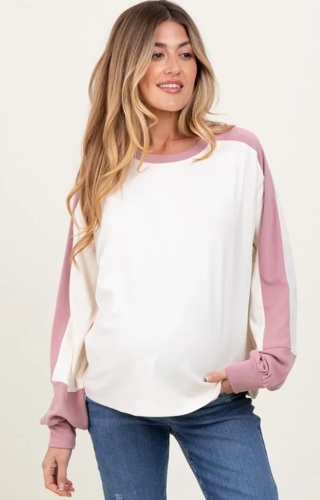 Cream Brushed Knit Colorblock Sleeve Maternity Pullover