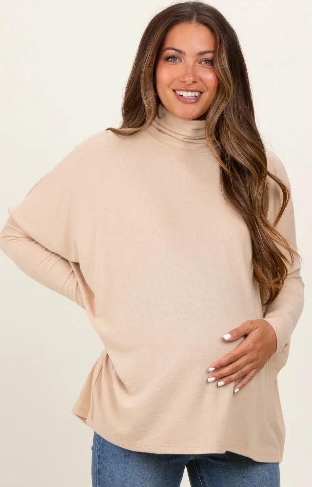 Cream Brushed Knit Turtleneck Dolman Sleeve Maternity Top