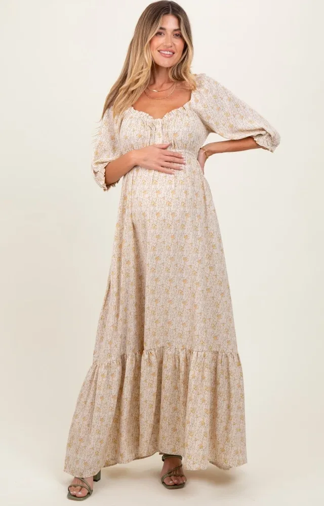 Cream Floral Sweetheart Neckline Maternity Maxi Dress