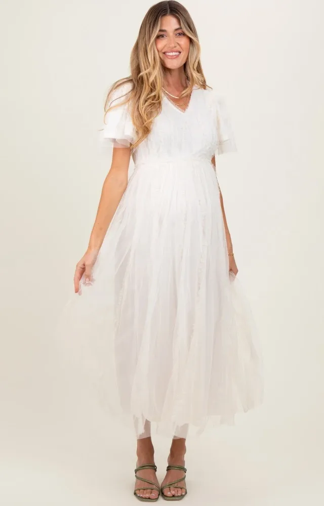 Cream Ruffle Accent Mesh Overlay Maternity Maxi Dress