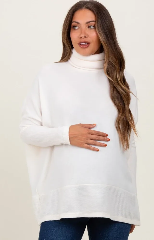 Cream Turtle Neck Brushed Heather Knit Maternity Sweater