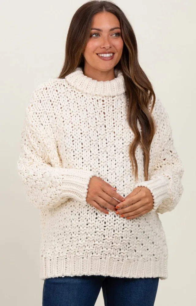 Cream Turtle Neck Chunky Crochet Knit Maternity Sweater