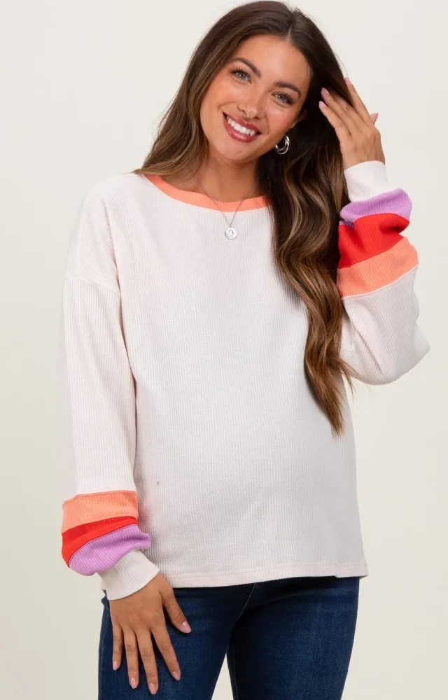 Cream Waffle Knit Colorblock Long Sleeve Maternity Top