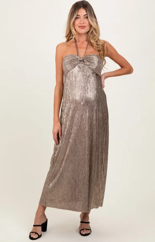 Dark Gold Metallic Halter Maternity Dress