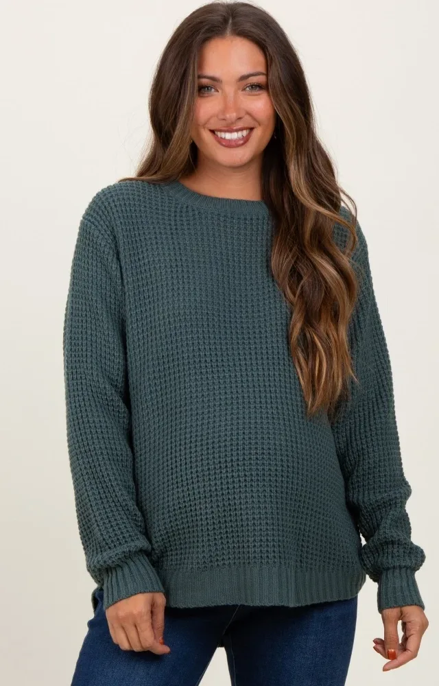 Dark Jade Waffle Knit Rounded Hem Maternity Sweater