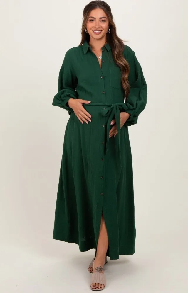 Dark Olive Gauze Belted Shirt Maternity Midi Dress