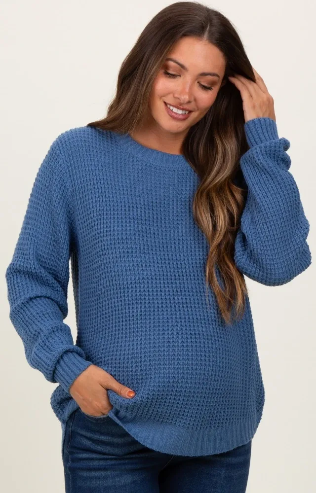 Dark Periwinkle Waffle Knit Rounded Hem Maternity Sweater