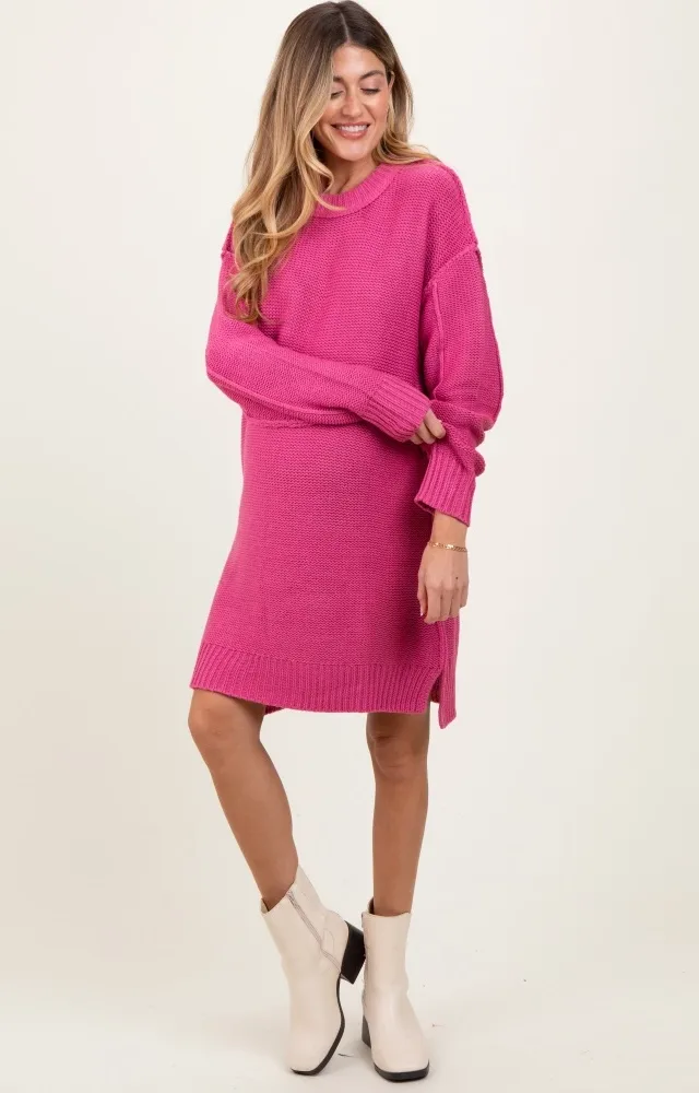 Dark Pink Exposed Seam Oversized Maternity Sweater Dress