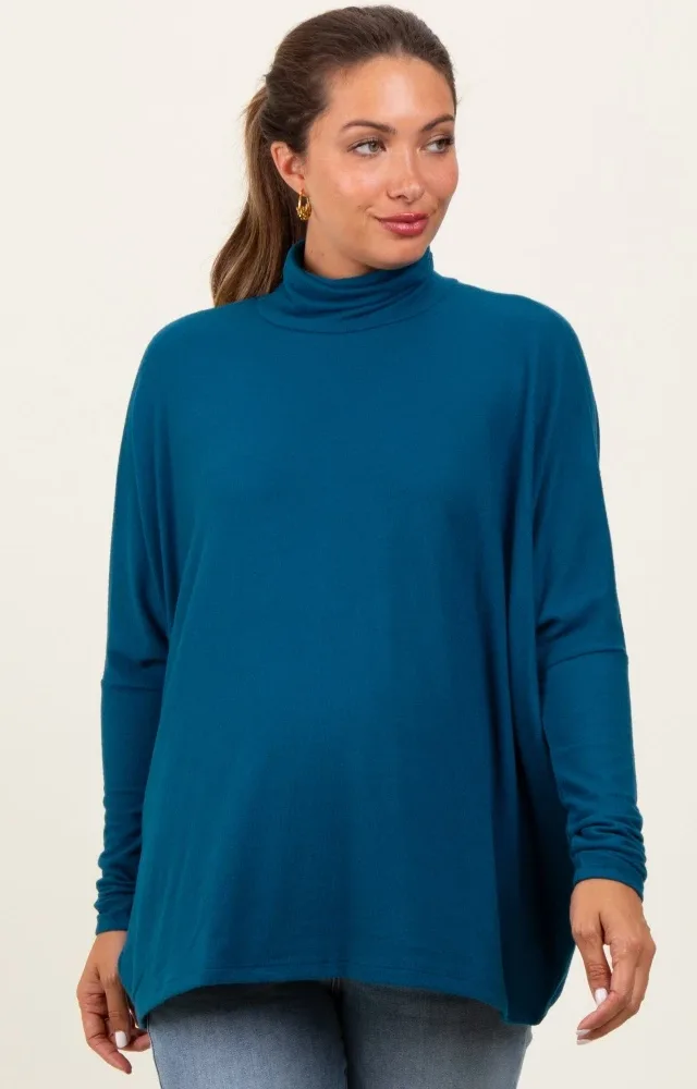 Dark Teal Brushed Knit Turtleneck Dolman Sleeve Maternity Top