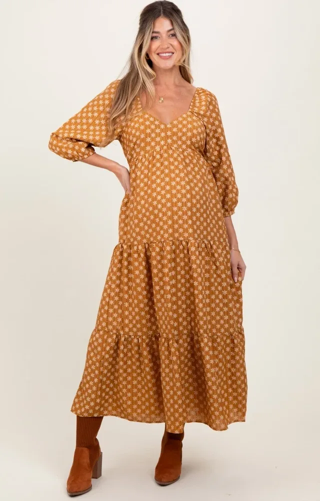 Dark Yellow Floral Long Sleeve Tiered Maternity Maxi Dress