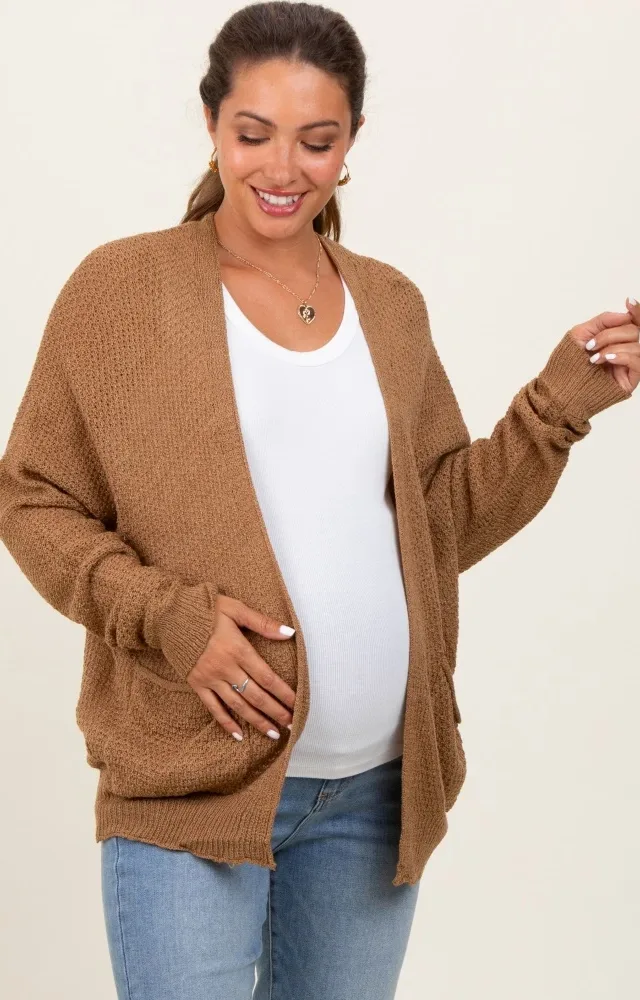 Dark Yellow Pocketed Open Maternity Cardigan