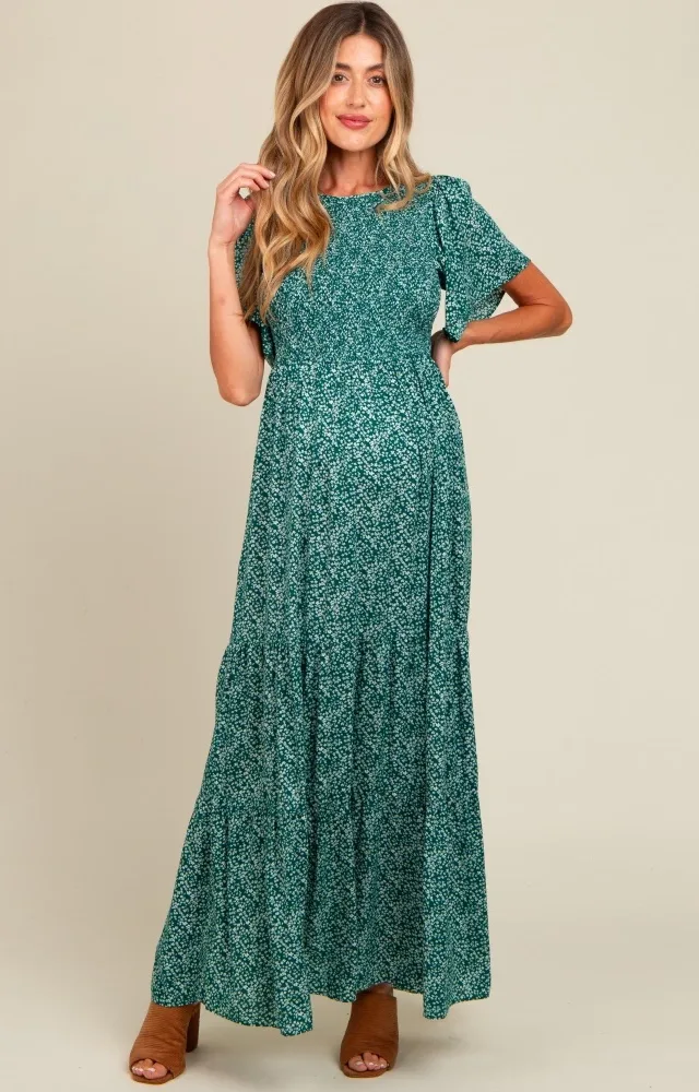 Deep Teal Floral Smocked Flutter Sleeve Maternity Maxi Dress