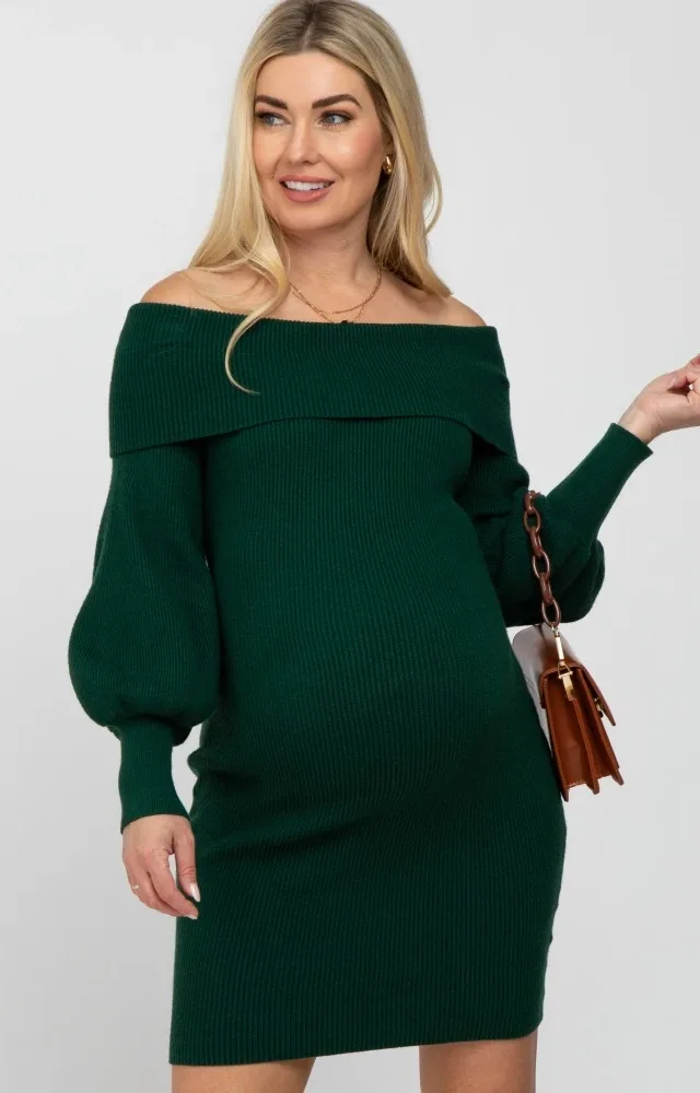 Forest Green Off Shoulder Bubble Sleeve Maternity Sweater Dress