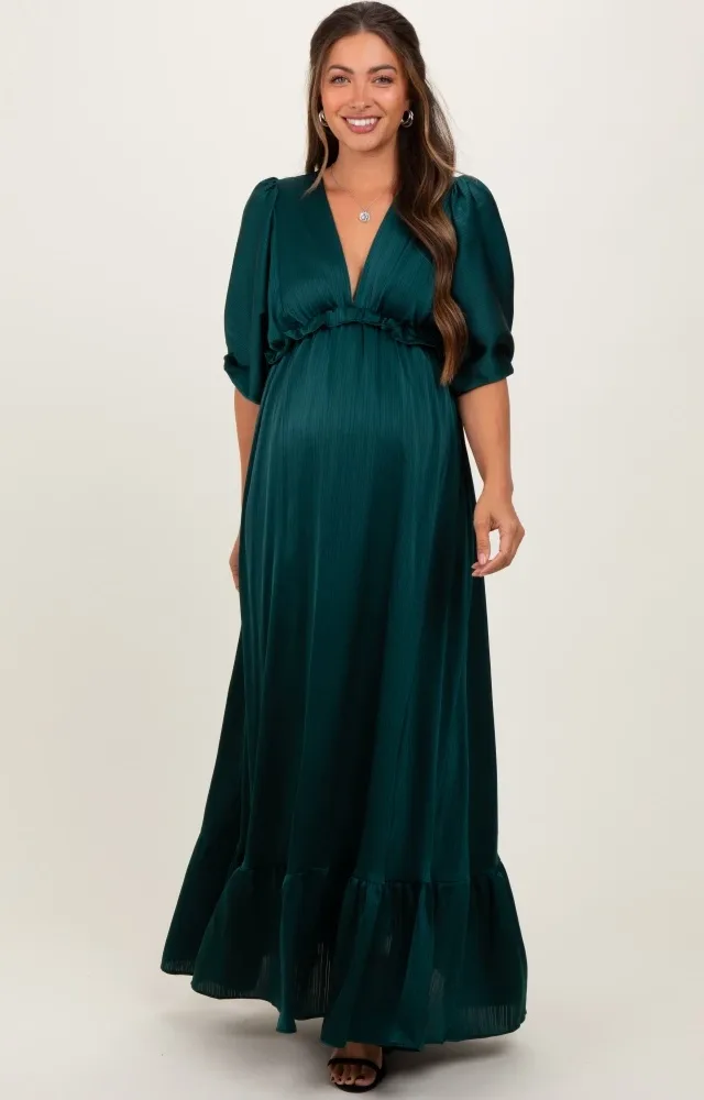 Forest Green Striped Ruffle Accent Maternity Maxi Dress