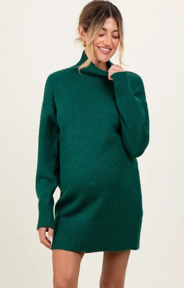 Forest Green Turtle Neck Maternity Mini Sweater Dress