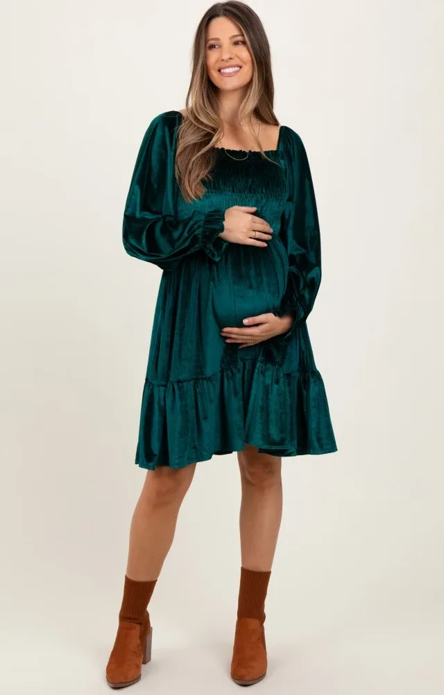 Forest Green Velvet Smocked Long Sleeve Maternity Dress