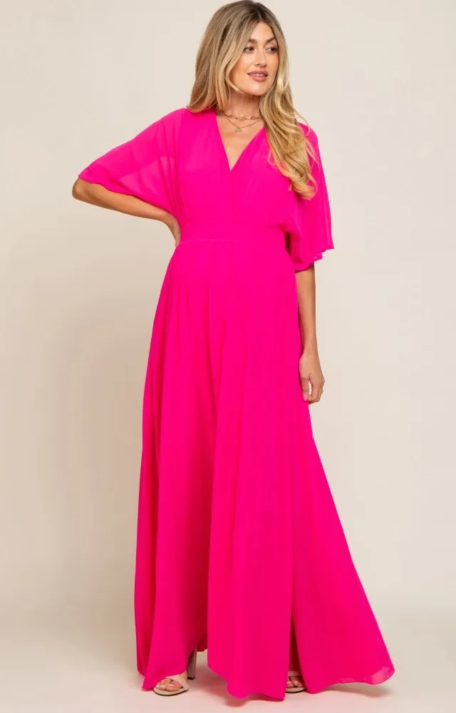 Fuchsia Chiffon V-Neck Smocked Waist Maternity Maxi Dress