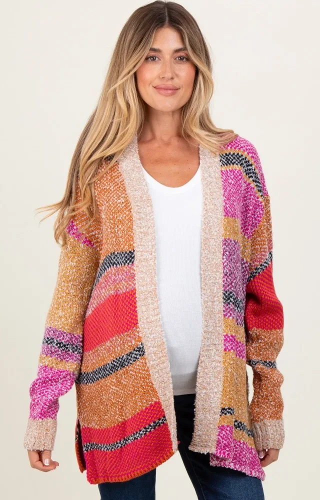 Fuchsia Oversized Colorblock Stripe Maternity Cardigan