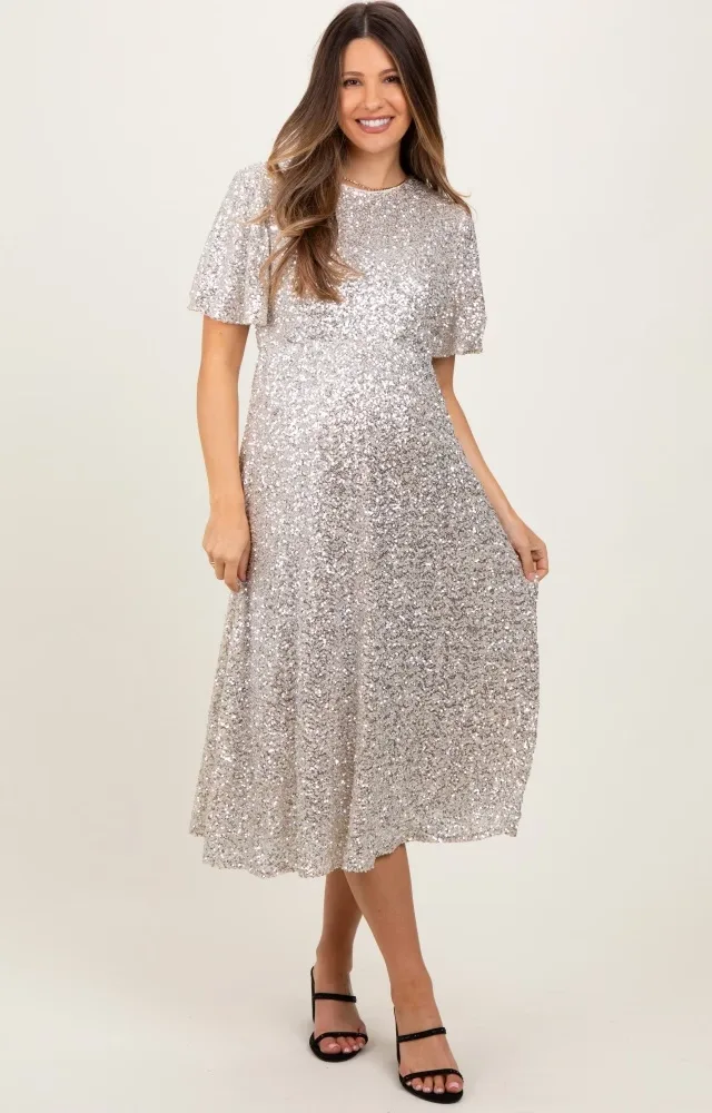 Gold Sequin Short Sleeve Maternity Midi Dress