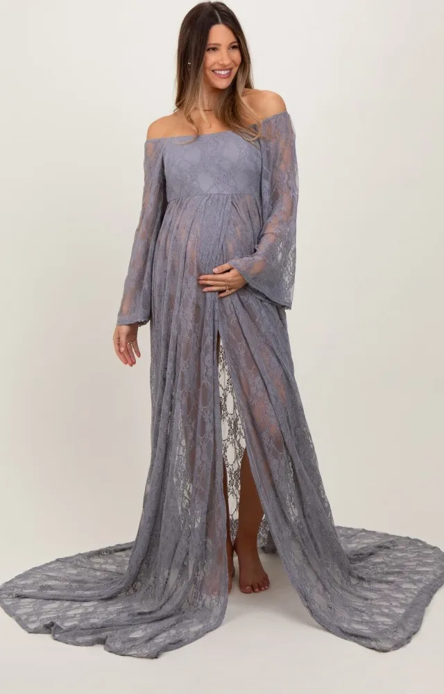 Gray Lace Long Sleeve Off Shoulder Slit Draped Maternity Photoshoot Dress