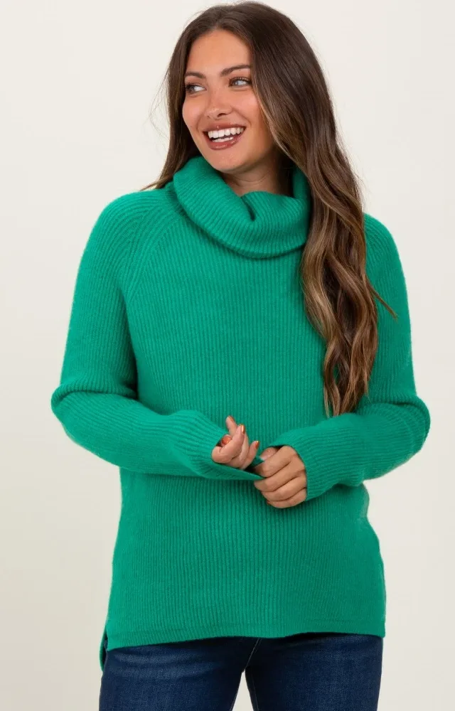 Green Basic Ribbed Turtle Neck Maternity Sweater