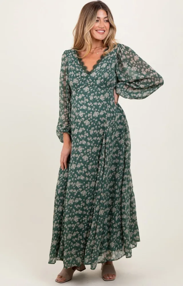 Green Floral Chiffon Lace Trim Back Tie Maternity Maxi Dress