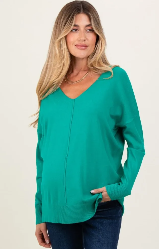 Green Front Seam V-Neck Side Slit Maternity Sweater