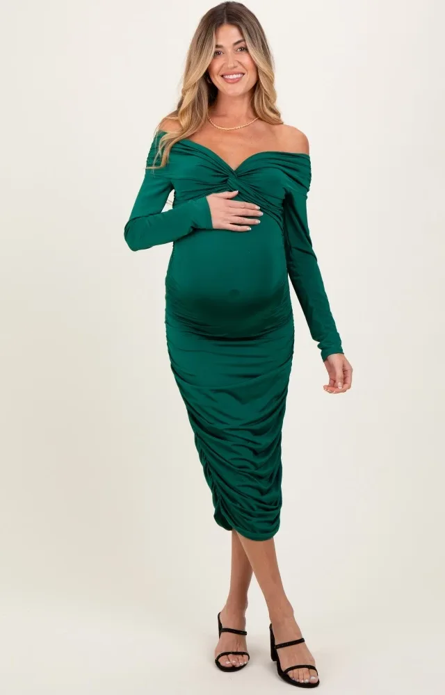 Green Off Shoulder Ruched Long Sleeve Maternity Midi Dress