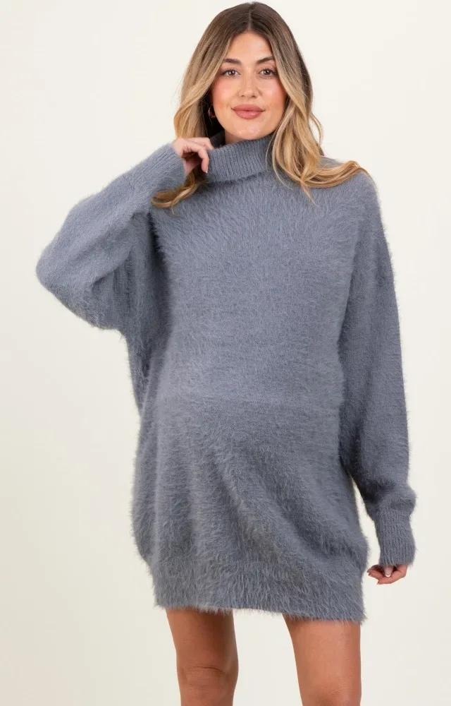 Grey Fuzzy Knit Turtleneck Maternity Sweater Mini Dress