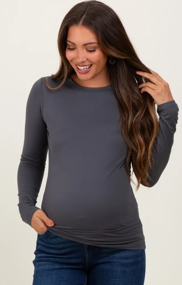 Grey Microfiber Basic Long Sleeve Maternity Top