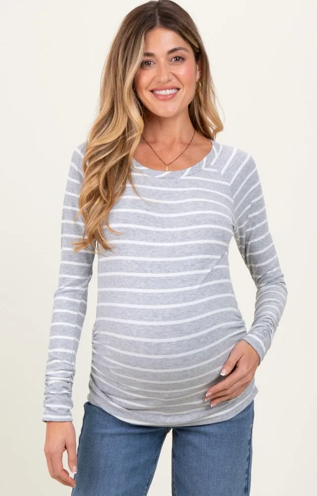 Grey Striped Ruched Side Maternity Long Sleeve Top