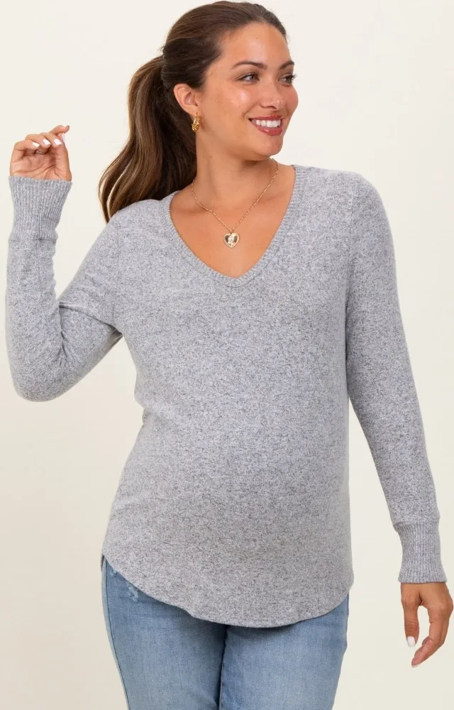 Heather Grey Brushed Knit Relaxed V-Neck Long Sleeve Maternity Top