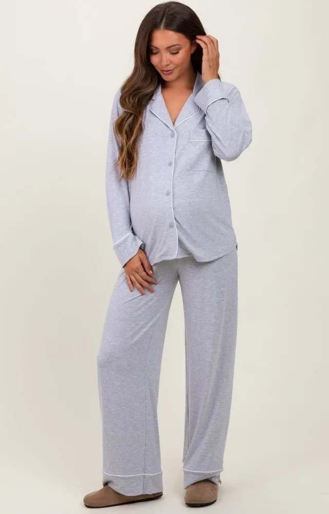 Heather Grey Button Down Top Wide Leg Pant Maternity Pajama Set