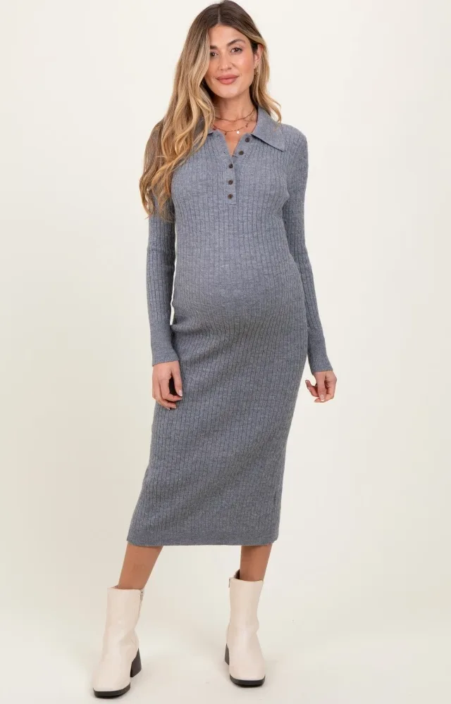 Heather Grey Cable Knit Button Up Maternity Midi Dress