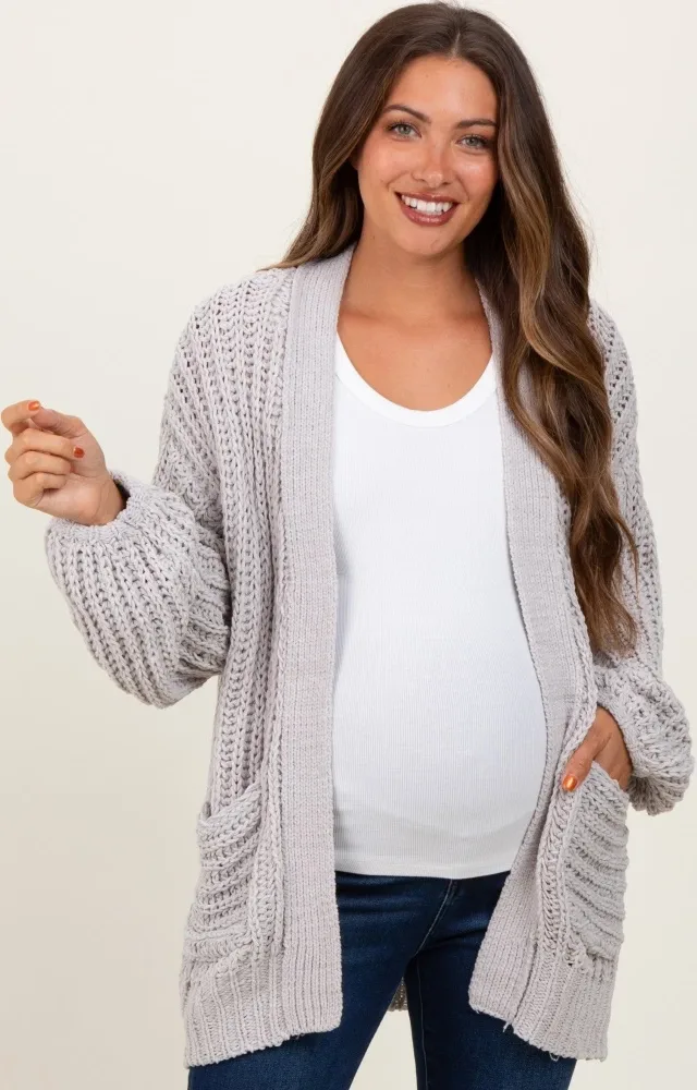 Heather Grey Chunky Knit Oversized Maternity Pocket Cardigan