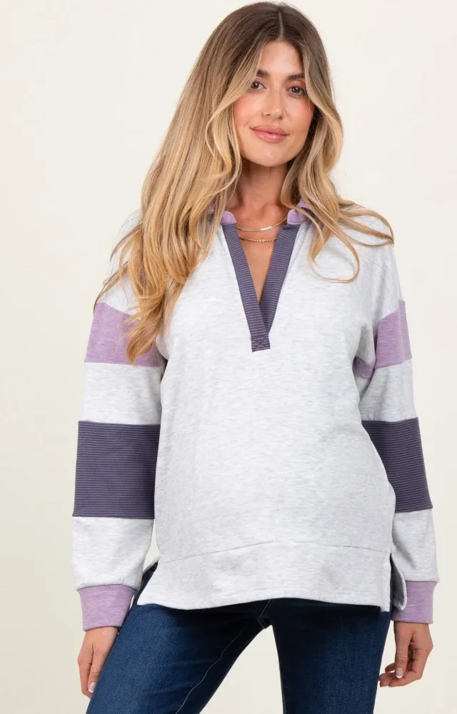 Heather Grey Colorblock Stripe Collared Maternity Pullover