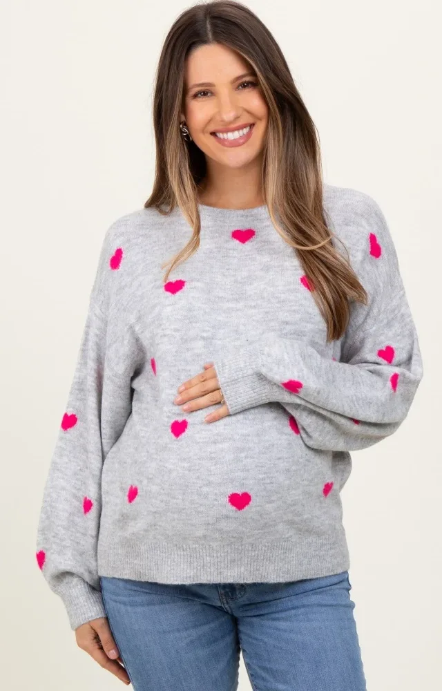 Heather Grey Heart Print Oversized Maternity Sweater