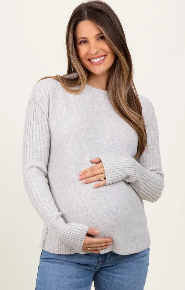 Heather Grey Long Sleeve Raised Seam Maternity Sweater