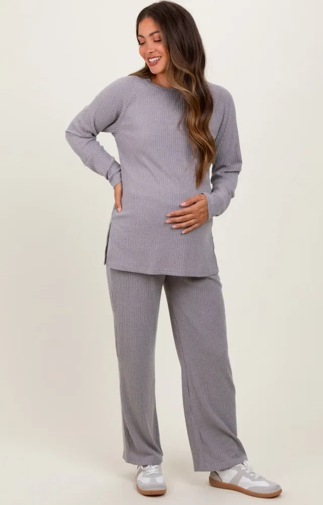 Heather Grey Ribbed Brushed Knit Long Sleeve Pant Maternity Set