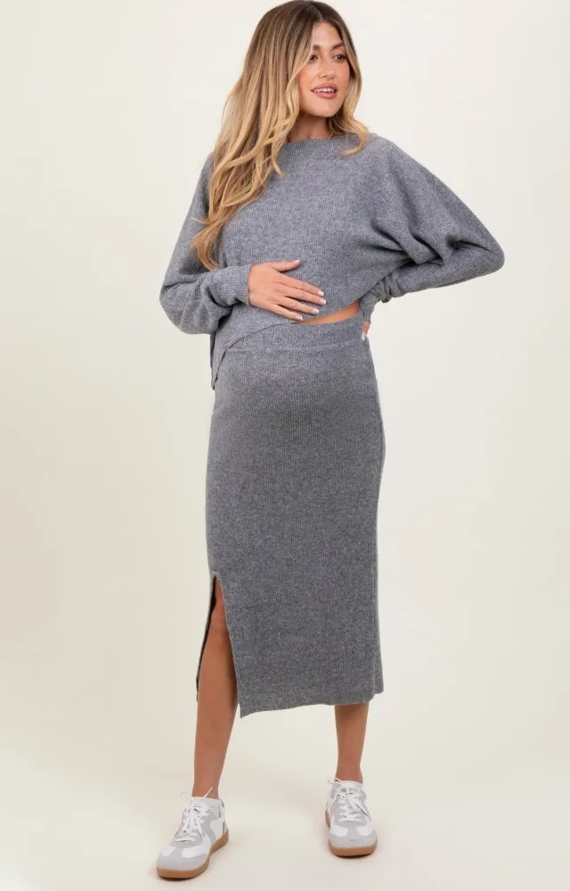 Heather Grey Ribbed Knit Asymmetric Top Midi Skirt Maternity Set