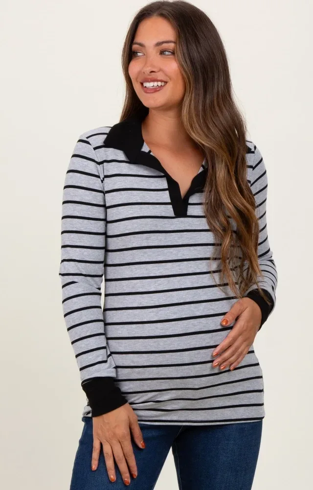 Heather Grey Striped Ribbed Collared Long Sleeve Maternity Top